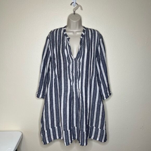 CP Shades Regina 100% Linen Pintuck Tunic Dress Chambray Stripe Women Medium - Picture 16 of 16
